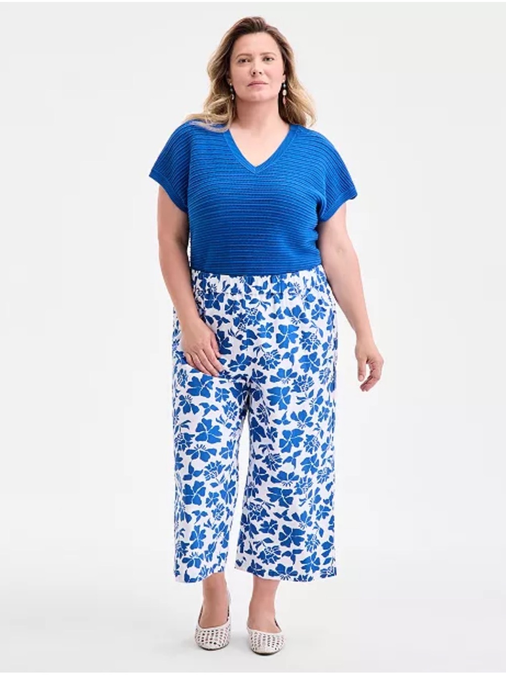 100% Cotton Style & Co. Blue White Floral Wide-Leg Pants Women Originally $59.50